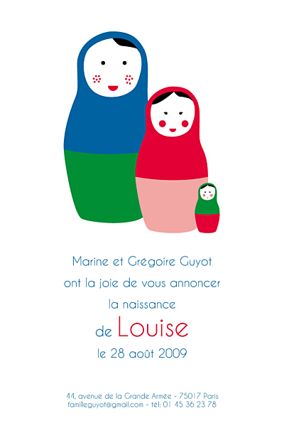 Faire-part de naissance 3 poupées russes recto rouge finition Faire-part de naissance 3 poupées russes recto rouge finition