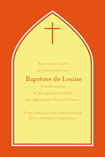 Faire-part de baptême Orangé eglise jaune rv finition Faire-part de baptême Orangé eglise jaune rv finition
