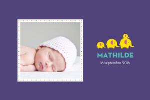 Faire-part de naissance 4 elephants jaunes paysage violet Faire-part de naissance 4 elephants jaunes paysage violet