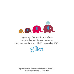 Faire-part de naissance 5 éléphants (recto seul) bleu Faire-part de naissance 5 éléphants (recto seul) bleu
