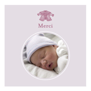 Carte de remerciement Petit cardigan fille photo parme Carte de remerciement Petit cardigan fille photo parme