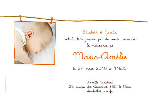 Faire-part de naissance Fil à linge fille photo rv orange Faire-part de naissance Fil à linge fille photo rv orange