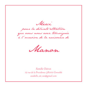 Carte de remerciement Merci liseré fille rose Carte de remerciement Merci liseré fille rose
