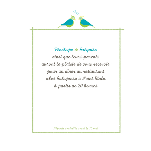 Carton d'invitation mariage Couple d'oiseaux vert - Page 1 Carton d'invitation mariage Couple d'oiseaux vert - Page 1