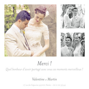 Carte de remerciement mariage Souvenir 3 photos blanc Carte de remerciement mariage Souvenir 3 photos blanc
