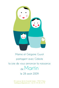 Faire-part de naissance 4 poupées russes chic turquoise Faire-part de naissance 4 poupées russes chic turquoise