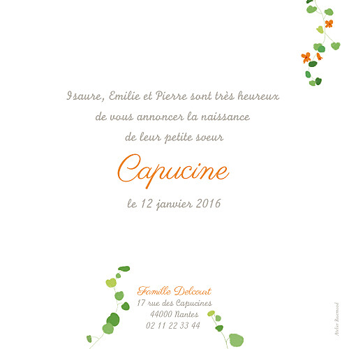 Faire-part de naissance Capucine orange - Verso Faire-part de naissance Capucine orange - Verso