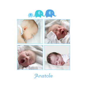 Faire-part de naissance 3 éléphants 4p photo bleu Faire-part de naissance 3 éléphants 4p photo bleu