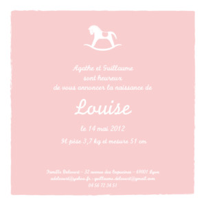 Faire-part de naissance Petit cheval carré fille rose layette Faire-part de naissance Petit cheval carré fille rose layette