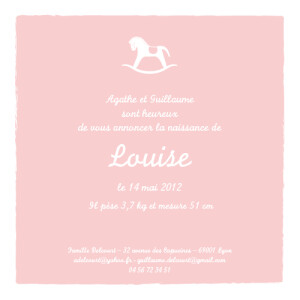 Faire-part de naissance Petit cheval carré fille rose layette Faire-part de naissance Petit cheval carré fille rose layette