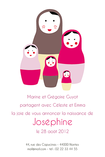 Faire-part de naissance 5 poupées russes recto rose - Page 1 Faire-part de naissance 5 poupées russes recto rose - Page 1