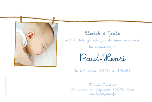 Faire-part de naissance Fil à linge garçon photo RV bleu - Verso Faire-part de naissance Fil à linge garçon photo RV bleu - Verso