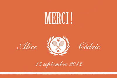 Carte de remerciement mariage Tennis orange finition Carte de remerciement mariage Tennis orange finition