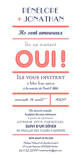 Faire-part de mariage Un grand oui ! (recto seul) corail Faire-part de mariage Un grand oui ! (recto seul) corail