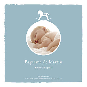 Menu de baptême Petit cheval photo bleu Menu de baptême Petit cheval photo bleu