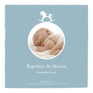 Menu de baptême Petit cheval photo bleu Menu de baptême Petit cheval photo bleu
