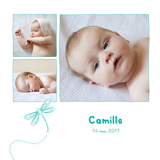 Faire-part de naissance Libellule 3 photos bleu vert Faire-part de naissance Libellule 3 photos bleu vert