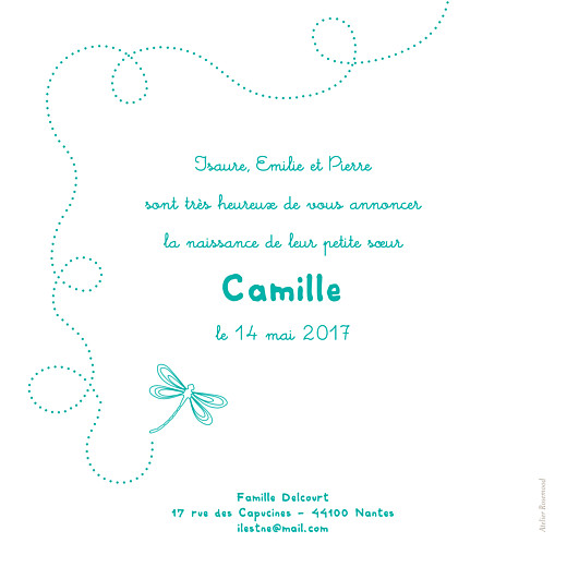 Faire-part de naissance Libellule 3 photos bleu vert Faire-part de naissance Libellule 3 photos bleu vert