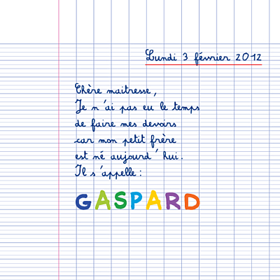 Faire-part de naissance Cahier d'écolier 1 photo blanc finition Faire-part de naissance Cahier d'écolier 1 photo blanc finition