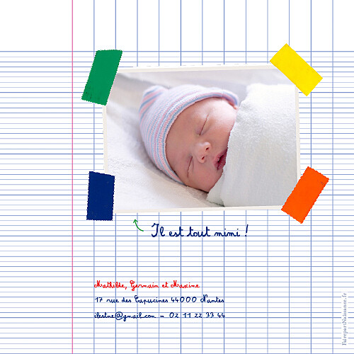 Faire-part de naissance Cahier d'écolier 1 photo blanc - Verso Faire-part de naissance Cahier d'écolier 1 photo blanc - Verso