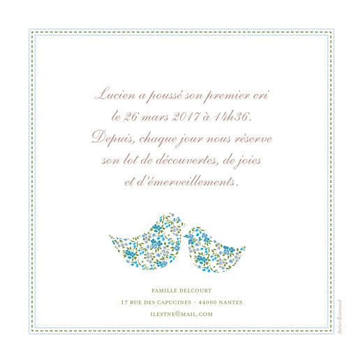 Faire-part de naissance Liberty bleu - Verso Faire-part de naissance Liberty bleu - Verso