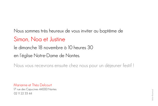 Faire-part de baptême Contemporain 3 photos blanc - Verso