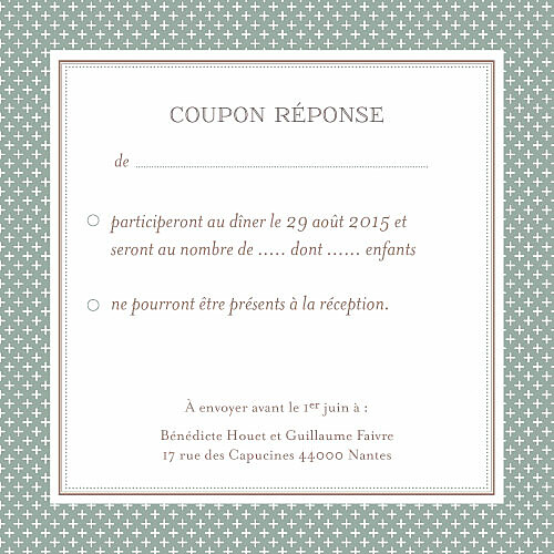 Carton réponse mariage Motif chic vert de gris Carton réponse mariage Motif chic vert de gris
