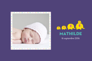 Faire-part de naissance 5 elephants jaunes paysage violet Faire-part de naissance 5 elephants jaunes paysage violet