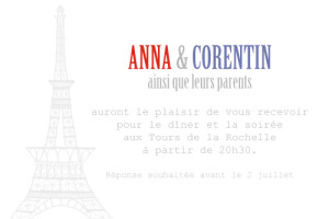Carton d'invitation mariage Paris bleu gris rouge