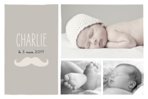 Faire-part de naissance Moustache paysage 3 photos taupe Faire-part de naissance Moustache paysage 3 photos taupe