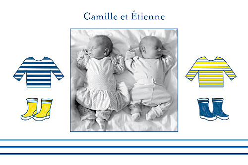 Carte de remerciement Petit Marin jumeaux photo bleu jaune - Recto