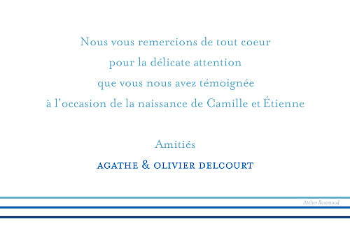 Carte de remerciement Petit Marin jumeaux photo bleu jaune - Verso