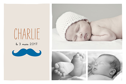 Faire-part de naissance Moustache paysage 3 photos turquoise Faire-part de naissance Moustache paysage 3 photos turquoise