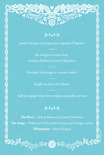 Menu de mariage Papel Picado turquoise - Verso Menu de mariage Papel Picado turquoise - Verso