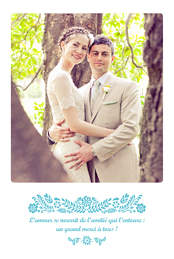 Carte de remerciement mariage Papel Picado (portrait) turquoise - Recto