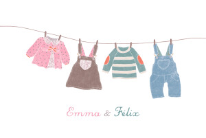 Faire-part de naissance Fil à linge jumeaux mixte rose vert Faire-part de naissance Fil à linge jumeaux mixte rose vert