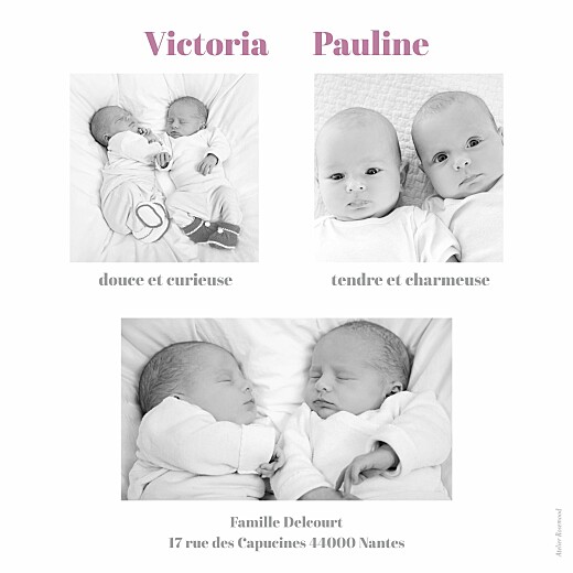 Faire-part de naissance Jumeaux 4 photos blanc Faire-part de naissance Jumeaux 4 photos blanc