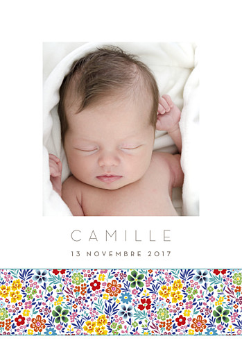 Faire-part de naissance Ruban mille fleurs photo jaune Faire-part de naissance Ruban mille fleurs photo jaune
