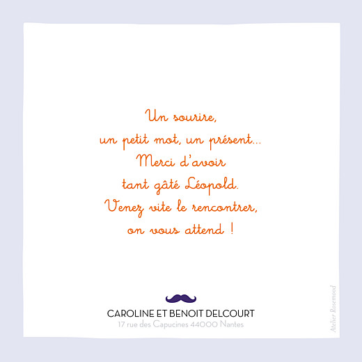 Carte de remerciement Moustache 6 photos indigo Carte de remerciement Moustache 6 photos indigo