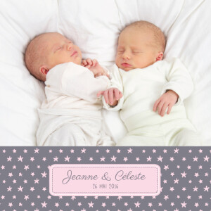 Faire-part de naissance Jumeaux nuit étoilée gris et rose pâle Faire-part de naissance Jumeaux nuit étoilée gris et rose pâle