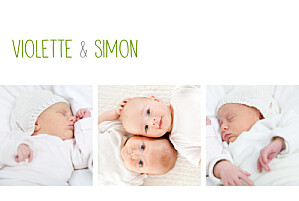 Faire-part de naissance Jumeaux 3 photos blanc Faire-part de naissance Jumeaux 3 photos blanc