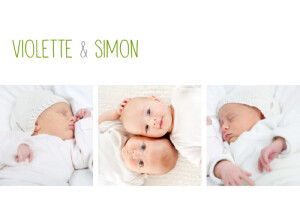 Faire-part de naissance Jumeaux 3 photos blanc Faire-part de naissance Jumeaux 3 photos blanc