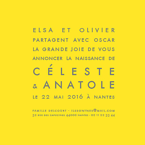 Faire-part de naissance Jumeaux justifié photo jaune Faire-part de naissance Jumeaux justifié photo jaune