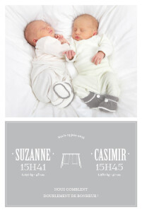 Faire-part de naissance Jumeaux balançoire 5 photos gris Faire-part de naissance Jumeaux balançoire 5 photos gris