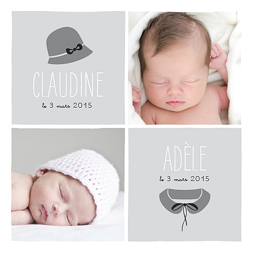 Faire-part de naissance Jumelles coquettes gris Faire-part de naissance Jumelles coquettes gris