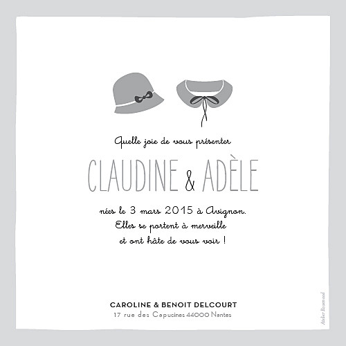 Faire-part de naissance Jumelles coquettes gris Faire-part de naissance Jumelles coquettes gris