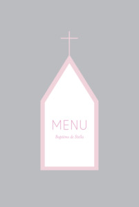 Menu de baptême Petite église rose gris Menu de baptême Petite église rose gris