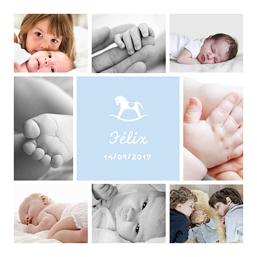 Faire-part de naissance Petit cheval 9 photos bleu ciel Faire-part de naissance Petit cheval 9 photos bleu ciel