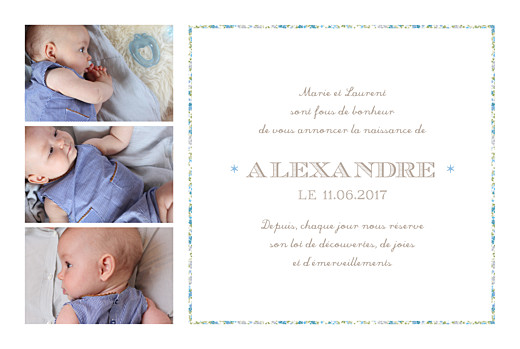 Faire-part de naissance Liseré liberty 4 photos bleu Faire-part de naissance Liseré liberty 4 photos bleu