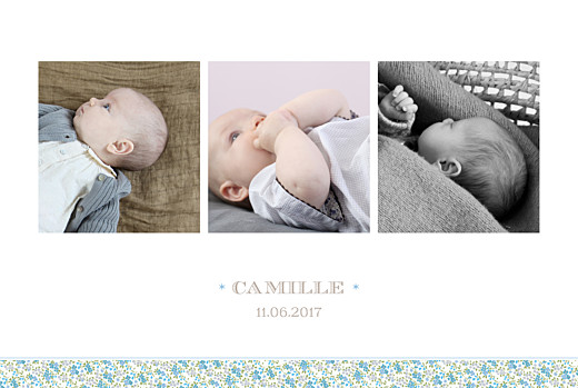 Faire-part de naissance Ruban liberty 3 photos bleu Faire-part de naissance Ruban liberty 3 photos bleu